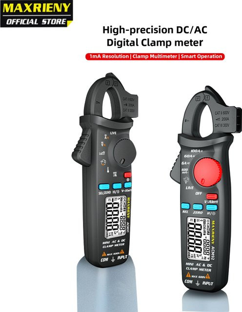 MAXRIENY ACM92 Digital Clamp Meter True RMS Mini Multimeter für DC/AC Strom, Spannung, Temperatur und Kapazität in Schwarz - Bild 1