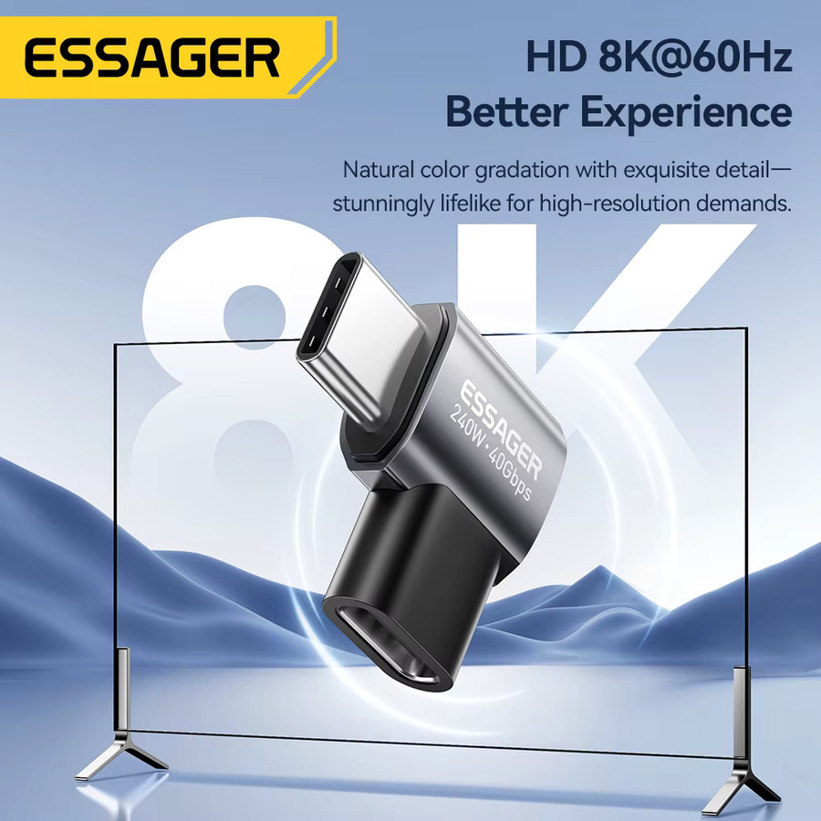Essager USB4.0 Typ-C OTG-Adapter in Grau mit 40Gbps Datenübertragung, 240W Schnellladung und 8K@60Hz Unterstützung als 90-Grad-Winkeladapter - Bild 3