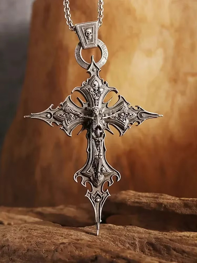 Dante Halskette mit Kreuz Anhänger, Edelstahl, Silber, Vintage, Unisex - Bild 1