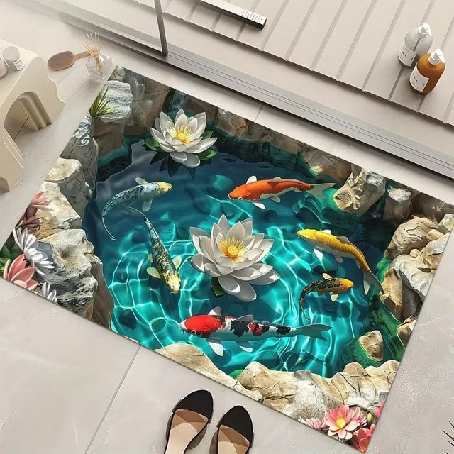VIKAMA 3D-Fußmatte mit Koi-Teich-Motiv, rutschfeste Bodenmatte in Multicolour, B/T: 60 x 40 cm - Bild 1