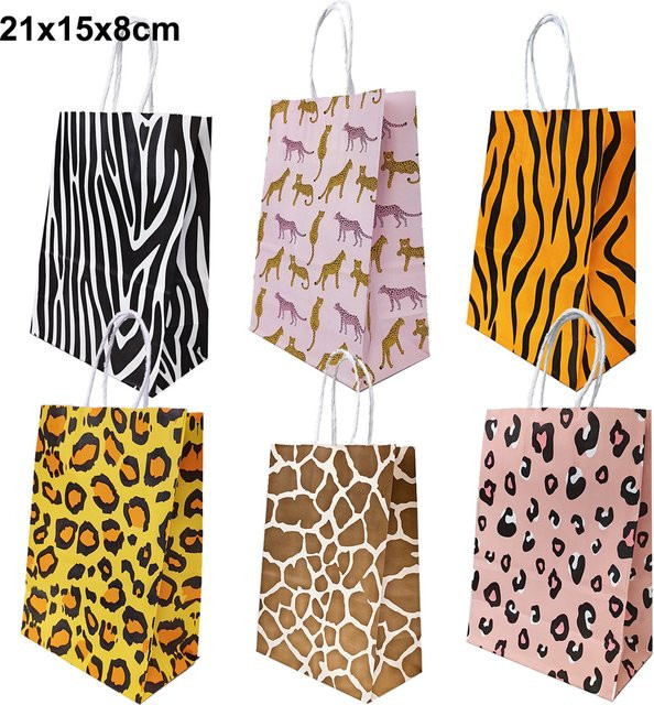 Geschenkbeutel aus Papier mit Tiermuster und Griffen für Kindergeburtstage in 6 verschiedenen Designs, Mehrfarbig - Bild 1