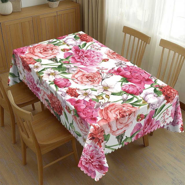 Wasserdichte Tischdecke von Fancy Style Studio mit Aquarell-Pfingstrosen und Rosen in Rosa, B/B: 140 x 200 cm - Bild 1
