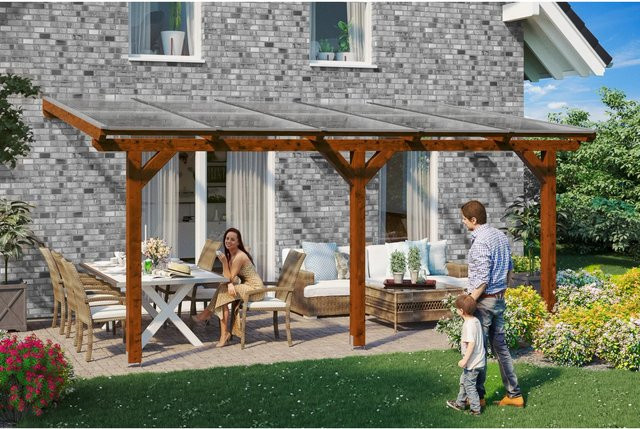 Skan Holz Terrassenüberdachung Bormio aus Leimholz in Nussbaum Braun, Breite: 541 cm, Tiefe: 400 cm - Bild 3