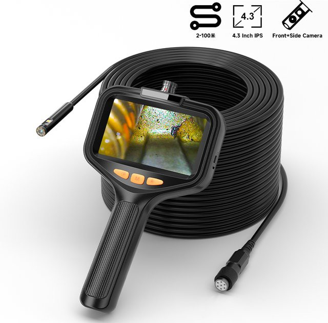 BUMBORN Industrie-Endoskop mit 4,3 Zoll Display, Doppelobjektiv, 1080P Auflösung, IP67 wasserdicht, starres Kabel 2–100 m, abnehmbares Design, Farbe: Schwarz - Bild 1