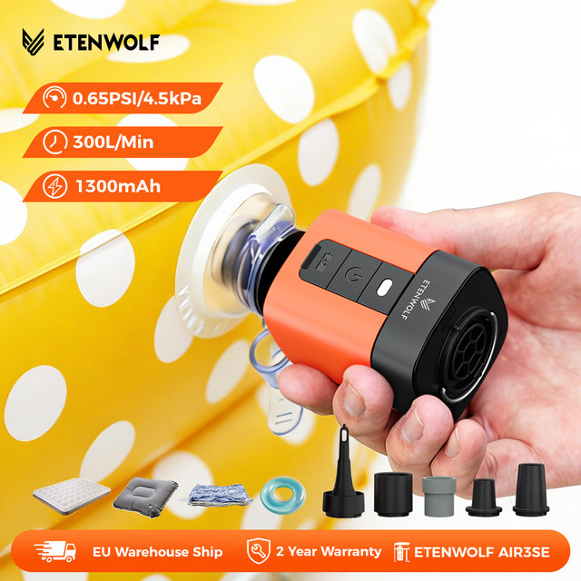 ETENWOLF AIR 3se Tragbare Mini-Elektropumpe Orange, 2-in-1 Wiederaufladbare Outdoor-Luftpumpe mit 2600mAh für Luftmatratzen, Isomatten und Schwimmreifen - Bild 1