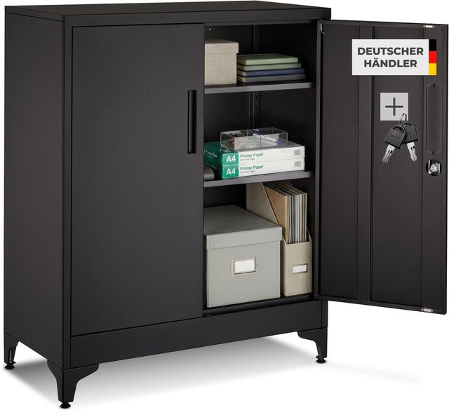 tectake Aktenschrank aus pulverbeschichtetem Stahl in Schwarz, B/T/H: 80 x 40 x 100 cm - Bild 1