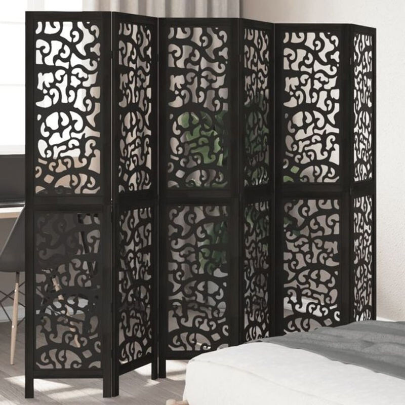 6-tlg. Paravent von vidaxl aus Massivholz Paulownia und Metall in Schwarz mit orientalischem Design - Bild 1