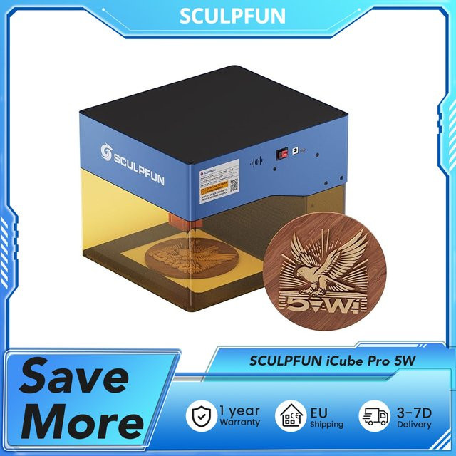 SCULPFUN iCube Pro 5W Lasergravierer mit 0,06 mm Laserspot, 10000 mm/min Gravurgeschwindigkeit, austauschbarer Linse und Rauchfilter, Arbeitsbereich: 130 x 130 mm - Bild 1