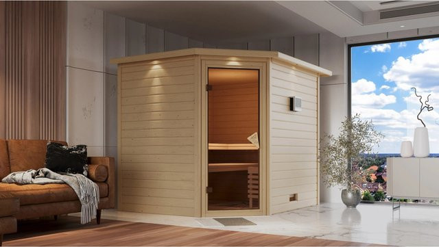 Karibu Sauna Tilda mit Bio-Ofen und externem Steuergerät in Natur mit LED-Dachkranz und der Farbe Beige - Bild 2