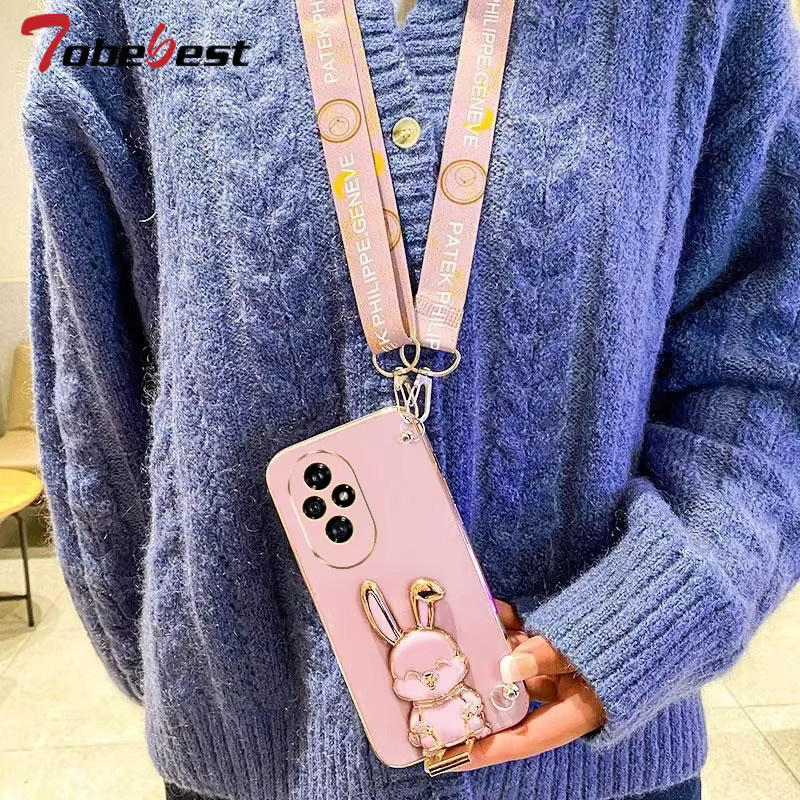 Silikonhülle mit Crossbody Lanyard und Kaninchen-Design für Huawei Honor 300 200 Lite 100 90 80 70 60 Pro in Lila - Bild 3