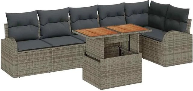 vidaXL Garten-Sofa-Set 7-teilig aus Rattan und Akazienholz in Grau mit Kissen - Bild 1