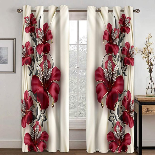 2er-Set Yiran Furniture Fenstervorhänge mit rotem Rosen-Design und Gold-Akzenten, semi-transparent, B: 60 cm, H: 60 cm - Bild 1