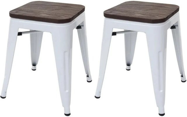 MCW 2er Set Hocker A73 mit Ulmenholz-Sitzfläche in Weiß im Industriedesign, B/T/H: 39,0 x 39,0 x 45,5 cm - Bild 1