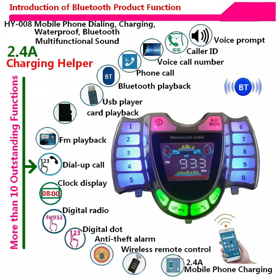 HY-008 Bluetooth Motorrad Stereo Lautsprecher Audio System in Schwarz mit FM Radio, USB, TF und AUX sowie Schnellladefunktion - Bild 5