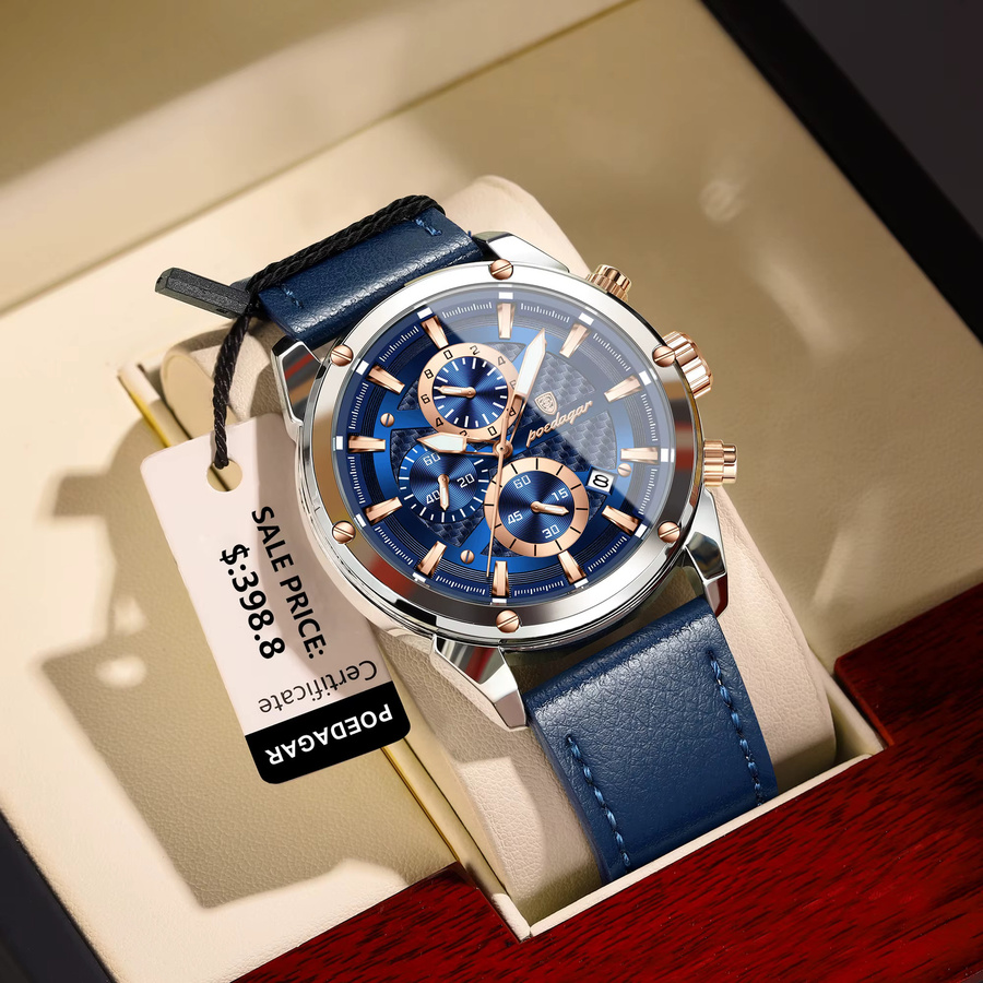 POEDAGAR Chronograph Armbanduhr, Quarz, Leder, Blau, Herren - Bild 6