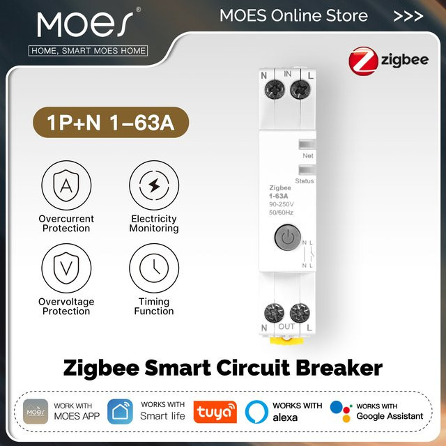 MOES Tuya Zigbee Smart Leistungsschalter 63A mit Stromüberwachung und Alarmgrenzwert-Einstellung, App-Steuerung und Alexa-Kompatibilität, Weiß - Bild 1