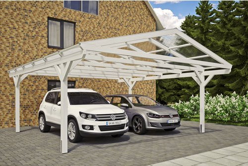 Skan Holz Carport Westerwald aus Fichten-Leimholz mit Doppelstegplatten und geraden Kopfbändern, Weiß, B/T: 570 x 648 cm - Bild 3