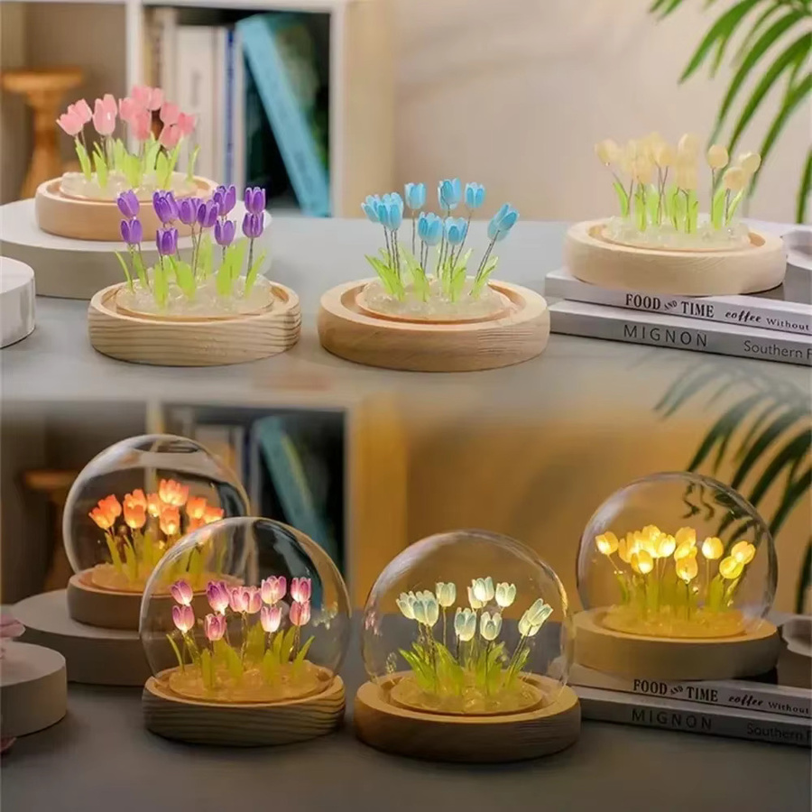 DIY Tulpe Nachtlicht Materialpaket zur kreativen Lampen-Gestaltung in Gelb und Mehrfarbig mit Holzbasis - Bild 3