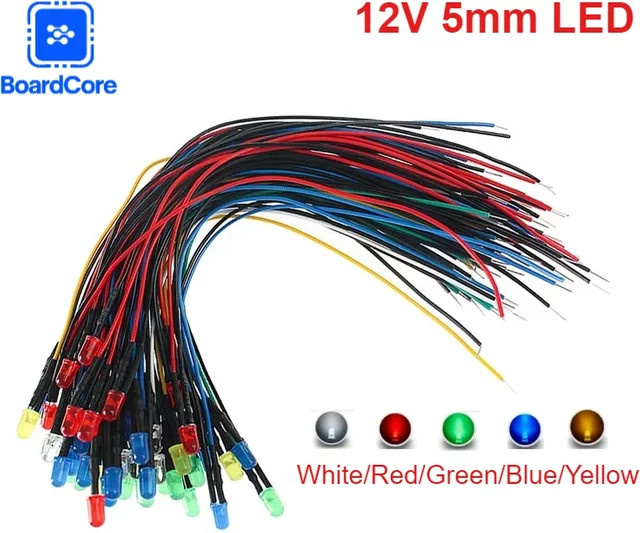 25er Set vorverdrahtete 12V 5mm LED Dioden in 5 Farben Weiß, Rot, Grün, Blau und Gelb mit 20 cm Kabellänge - Bild 1
