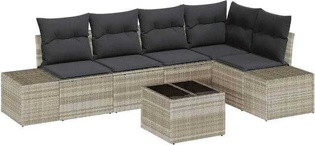 6-teiliges vidaXL Garten-Sofa-Set in Hellgrau mit Poly-Rattan und Tisch, L-Form mit UV-beständigen Polstern - Bild 1