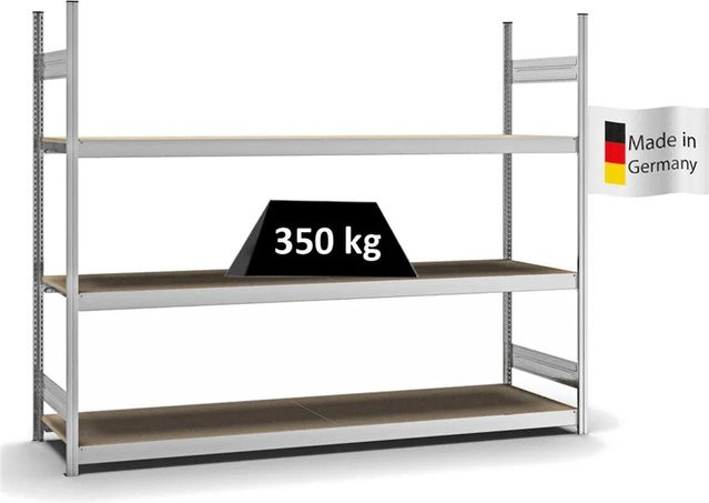 PROREGAL Weitspannregal Stecksystem T-Profil in Silber, verzinkt, mit 3 Ebenen Spanplatten Fachböden, H x B x T: 200 x 250 x 60 cm - Bild 1
