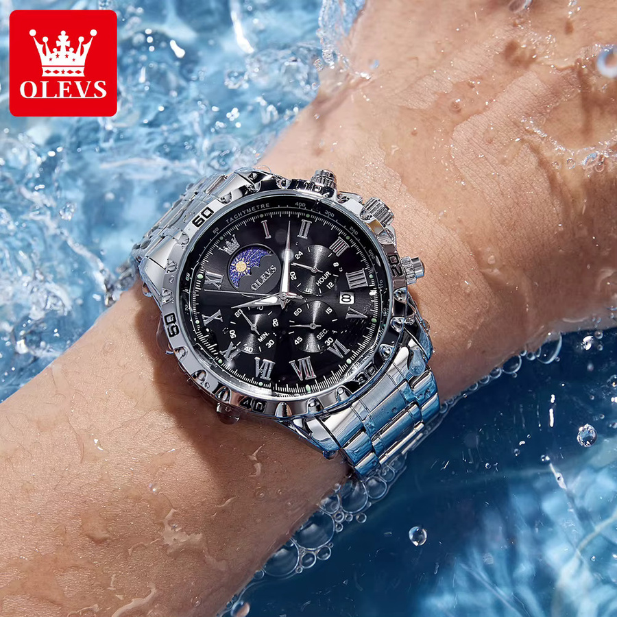 OLEVS Armbanduhr, Quarz, Chronograph, Edelstahl, Schwarz, Silber, Herren - Bild 4