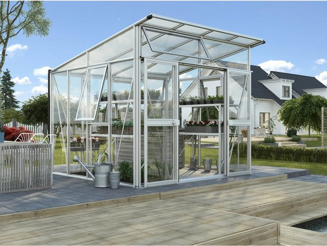 Vitavia Gewächshaus Aphrodite 7800 mit Pultdach, Aluminium eloxiert, silber, 7,8 m², 3 mm ESG und 10 mm Polycarbonat, mit Doppelschiebetür - Bild 1