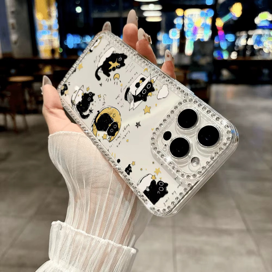 Caynes Stoßfeste iPhone Schutzhülle mit Cartoon Katze und Glitter Diamant Design in Transparent - Bild 3