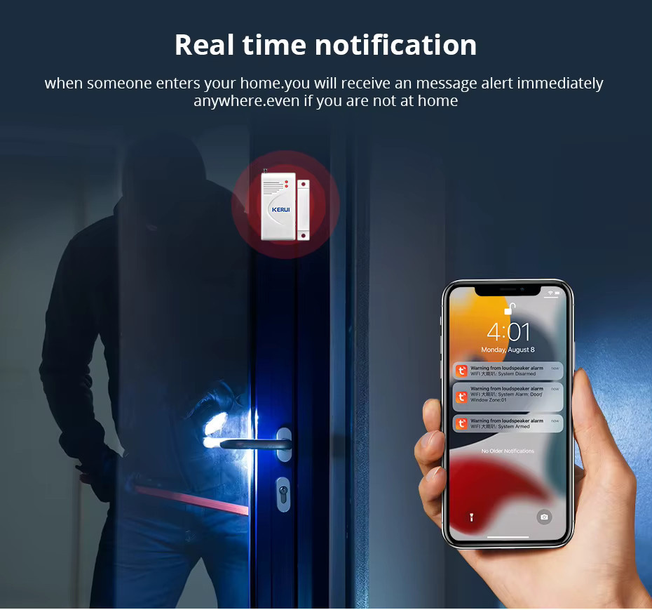 Kerui Tuya Wifi Alarmsystem mit lauter Sirene, Tür- und Fenstersensor sowie Bewegungsmelder in Weiß - Bild 3
