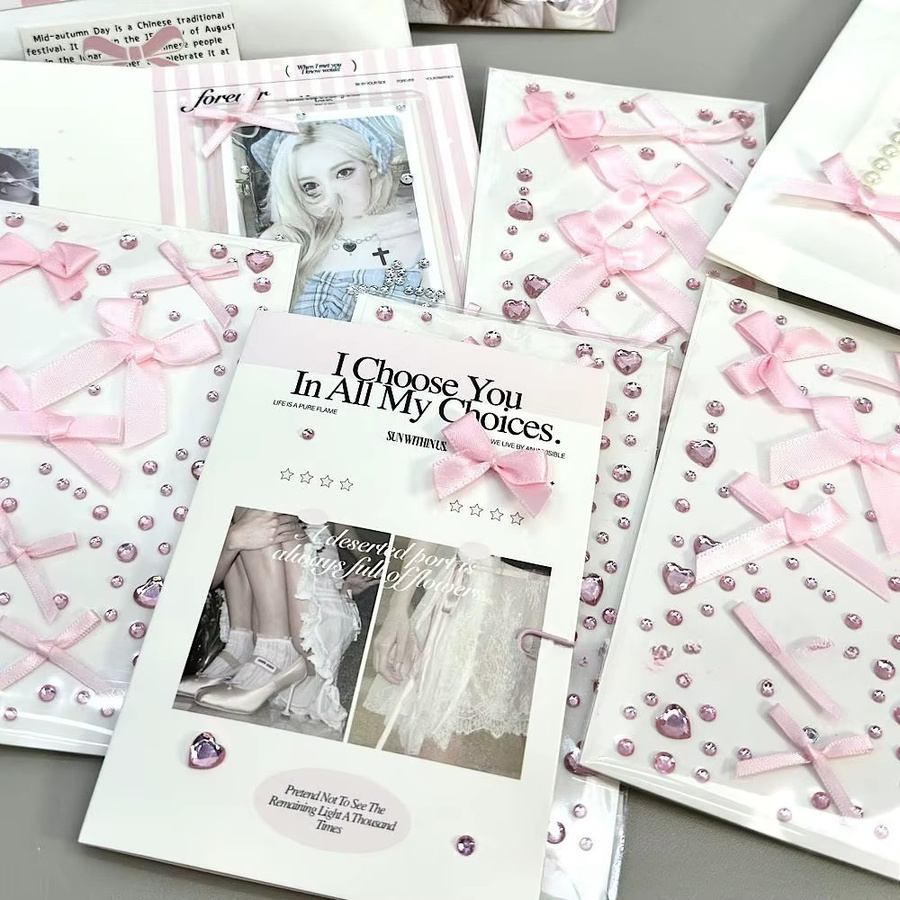Rosa 3D Liebe Spitze Schleife Kristall Aufkleber mit Strass für DIY Foto Deko und Kpop Fotokarten - Bild 4