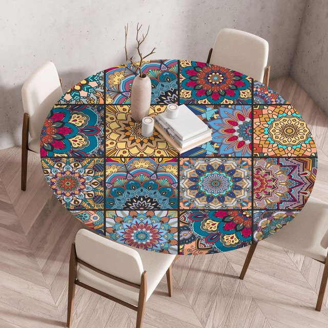 Beau Maison Tischdecke mit Lamm- und Blumenmuster im Retro-Bauernhaus-Stil, rund, Mehrfarbig, Durchmesser: 120 cm - Bild 1