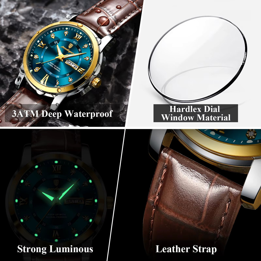 POEDAGAR Armbanduhr Quarz, Leder, Blau, Herren, Kalender, Wochentag - Bild 4