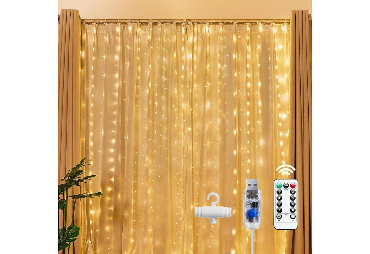 Athlix LED-Lichtervorhang wasserdichte Lichterkette mit Fernbedienung für Innen und Außen, Breite: 3 m, Höhe: 3 m - Bild 1