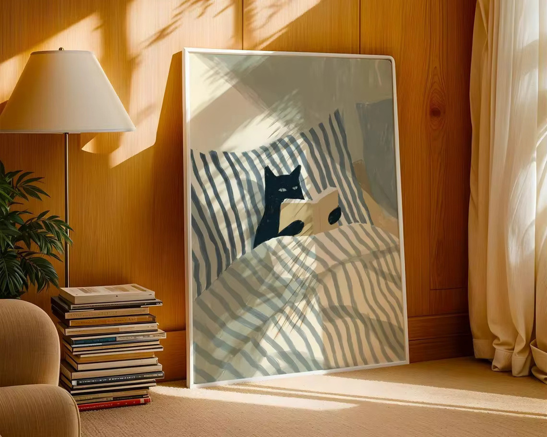 SHENCHEN Wandkunst Katzen-Lese-Print mit schwarzer Katze, Illustration als Papierposter in Schwarz und Mehrfarbig - Bild 2