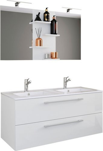 VCM Badmöbel-Set Budasi 3-teilig in Weiss mit Doppelwaschbecken aus Keramik, Unterschrank und Spiegel - Bild 1
