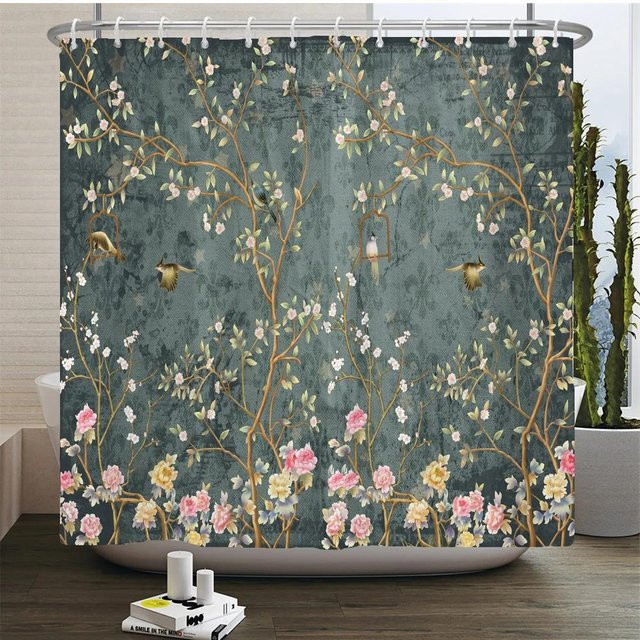 Wasserdichter Duschvorhang von Household supplies MH im chinesischen Stil mit Blumen und Vögeln, 3D-Druck, Multicolour, B/B: 180 x 180 cm - Bild 1