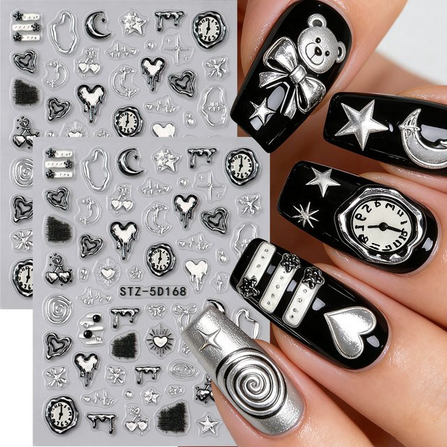 Full Beauty Nagelaufkleber 3D, Silberne Herz-Uhr, Mond Stern Schleifenmuster, 2 Stück - Bild 1