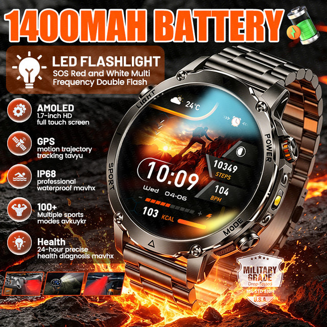 GUHUAVMI Outdoor Smartwatch für Herren in Schwarz mit GPS, SOS-Funktion, Taschenlampe und Bluetooth-Anruf, IP68 wasserdicht mit 1400mAh Akku - Bild 1