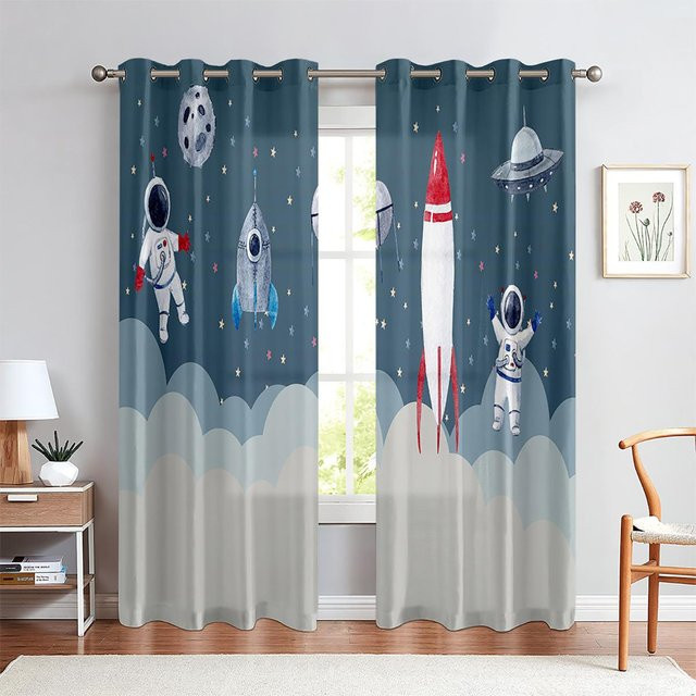 Dekorative Vorhänge für Kinder mit Weltraum-Motiv, Raketen und Sternenhimmel, 2er-Set, Blau, B: 50 cm, H: 130 cm - Bild 1