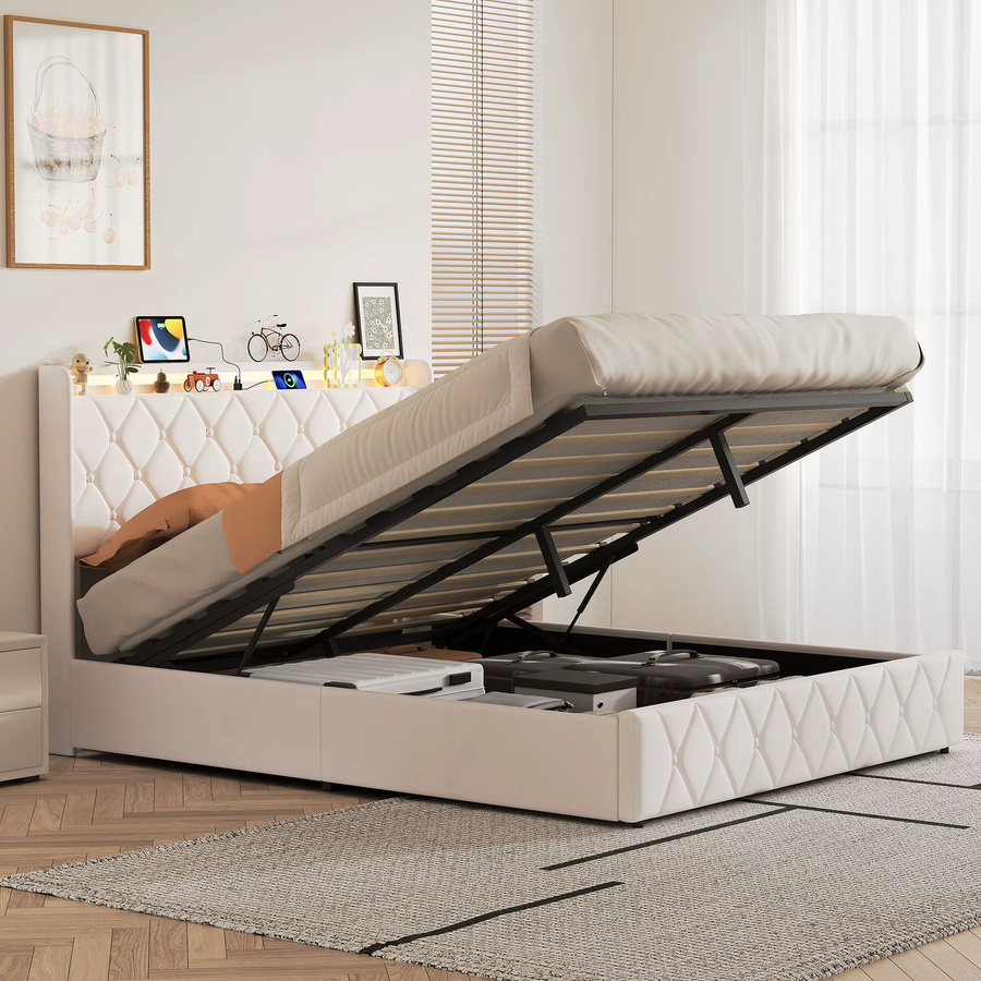 Fangange Polsterbett mit LED-Beleuchtung und USB-Ladestation aus Samt, Einzelbett mit hydraulischem Stauraum und Metallrahmen, B/T/H: 90 x 200 cm, Beige/Grau - Bild 2