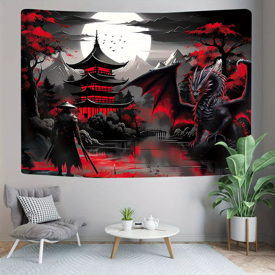 VIKAMA Oriental Dragon Soul Wandteppich mit Vollmond und Tier-Motiven in Multicolour, B/H: 60 x 40 cm - Bild 2