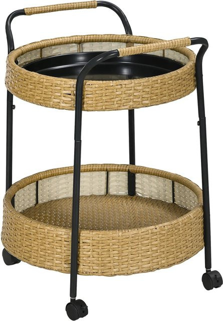 Outsunny Servierwagen aus Rattan in Gelb mit 2 Regalen und Rollen - Bild 1
