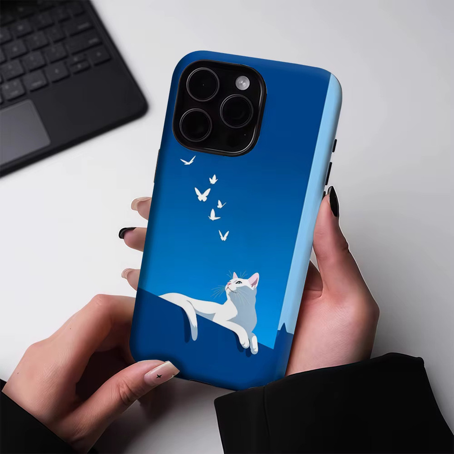 Robuste magnetische Handyhülle mit weißem Katzenmotiv für iPhone 17 16 15 14 13 Pro Max Plus in Weiß und Blau - Bild 4