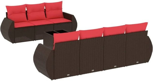 vidaXL 8-tlg. Gartensofa-Set in L-Form mit Kissen und Couchtisch, Polyrattan und Metall, Braun/Rot - Bild 1