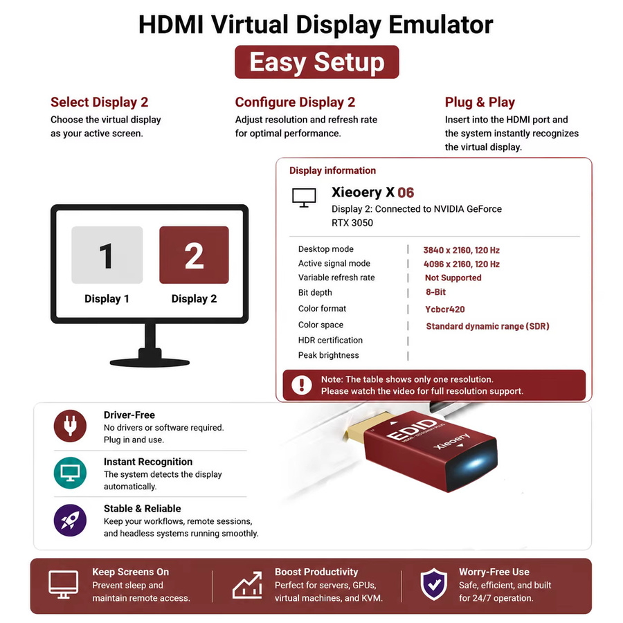 Xieoery 8K HDMI Dummy-Stecker EDID-Emulator Headless HDMI-Dongle für Gaming und Fernzugriff unterstützt 7680x4320 RGB - Bild 2
