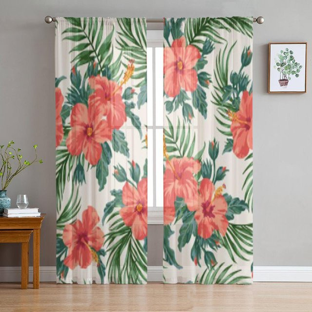 Transparenter Voile-Vorhang mit exotischem tropischem Blättermuster für Wohnzimmer und Schlafzimmer, B: 135 cm, H: 114 cm - Bild 1