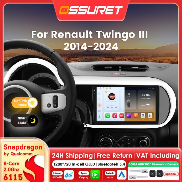 OSSURET Android 14 Autoradio mit 9 Zoll Display für Renault Twingo 3 III (2014-2024), Multimedia-Player mit GPS, Bluetooth und 360 Grad Kamera Unterstützung, Schwarz - Bild 1
