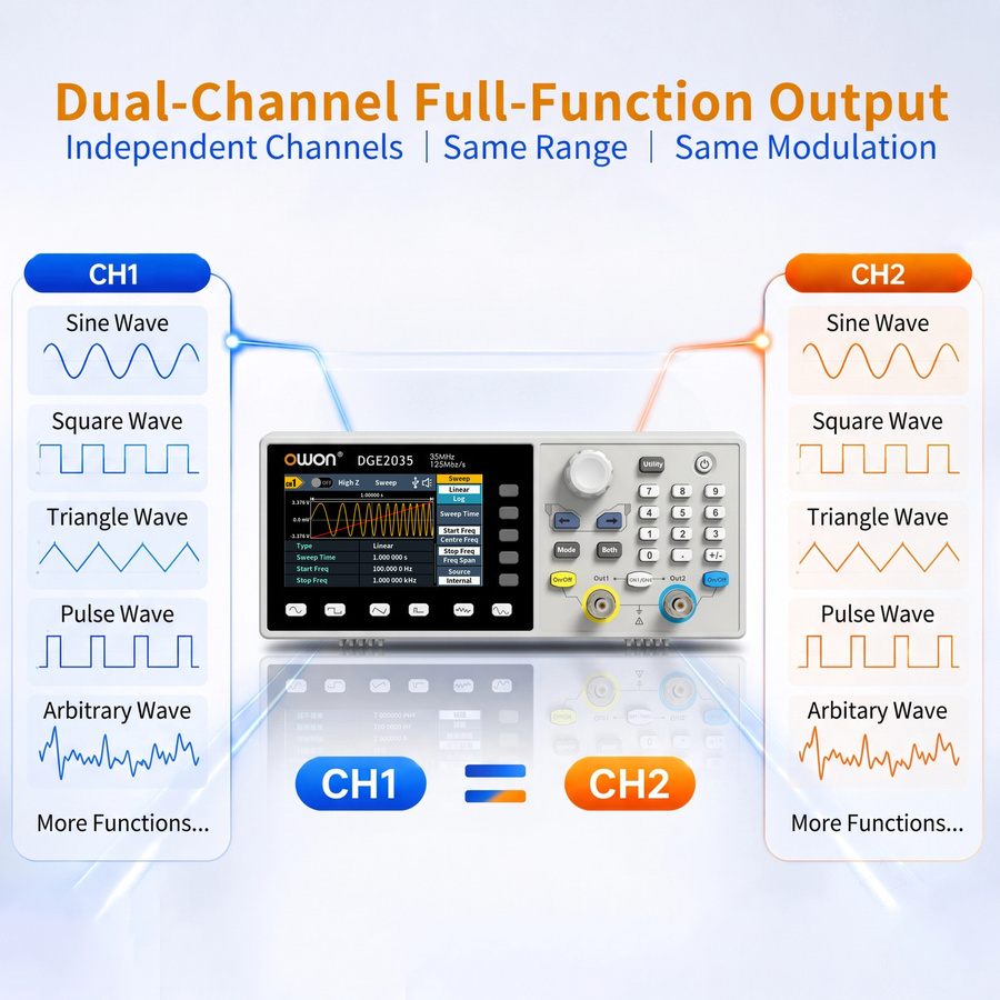 OWON DGE2035 DGE2070 2-Kanal-Wellenformgenerator mit 3,6-Zoll-Farbdisplay und Multi-Wellenform-Ausgang als Labor-Frequenzsignal-Tester - Bild 4