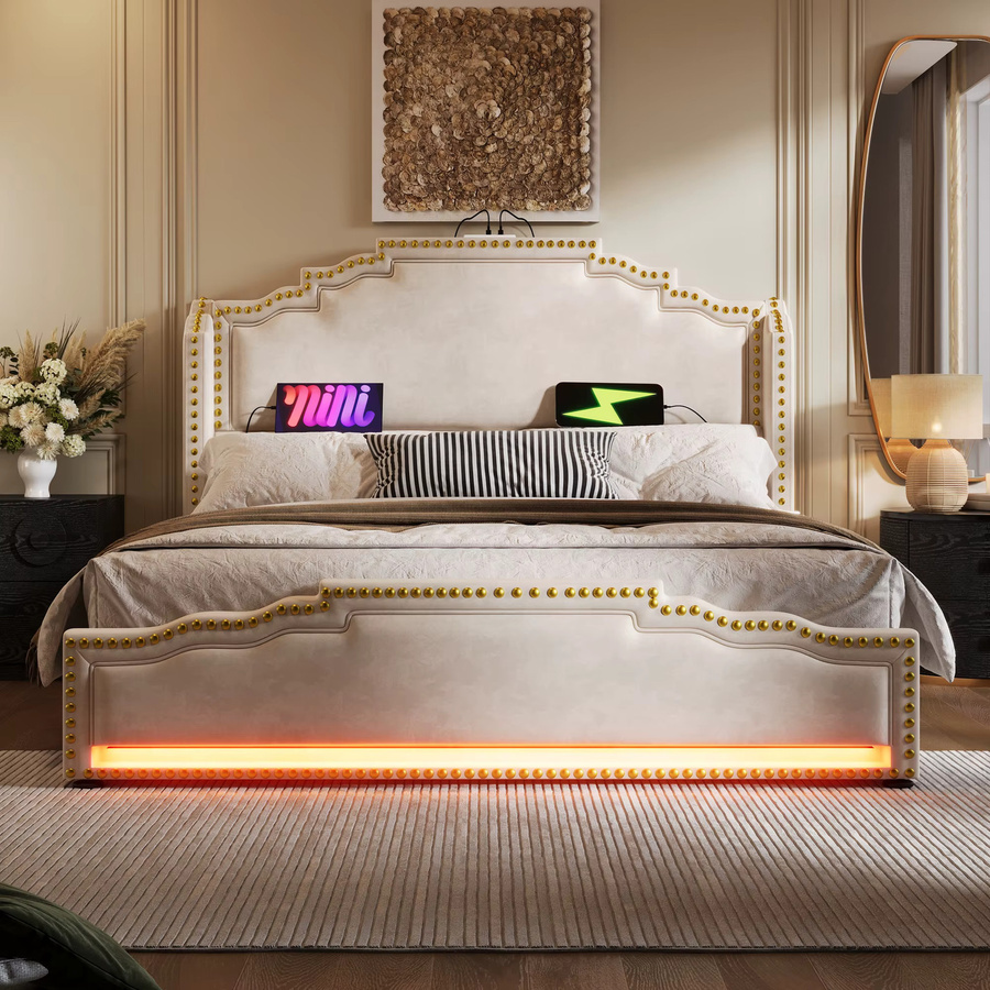 KOMHTOM Samt-Stauraumbett in Beige mit 4 Schubladen, LED-Beleuchtung und USB-C-Ladeanschluss, B/T/H: 140 x 200 cm, ohne Matratze - Bild 4