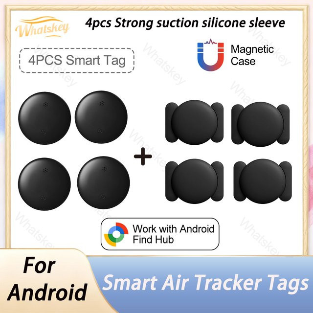 Peocke GPS Smart Tag Find Hub Tracker Kit für Android, 4er-Pack mit magnetischem Saugnapf und Silikonhülle, Schwarz und Weiß - Bild 1